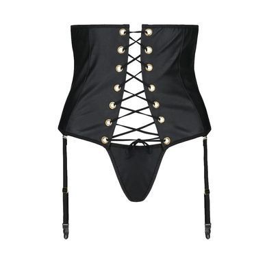 Пояс-корсет з екошкіри Passion CELINE SET with Open Bra 6XL/7XL, black, шнурівка, пажі, стрінги SO7064 фото