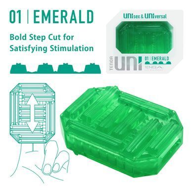 Унісекс-стимулятор Tenga UNI Emerald, зелений, з геометричним рельєфом, лубрикант у комплекті &mdash; фото товару
