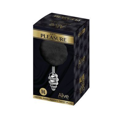 Металева анальна пробка Кролячий хвостик Alive Fluffy Twist Plug M Black, діаметр 3,4 см &mdash; фото товару