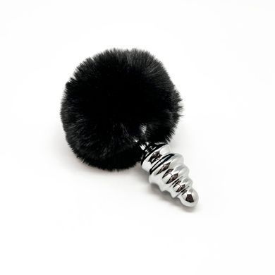 Металева анальна пробка Кролячий хвостик Alive Fluffy Twist Plug M Black, діаметр 3,4 см &mdash; фото товару