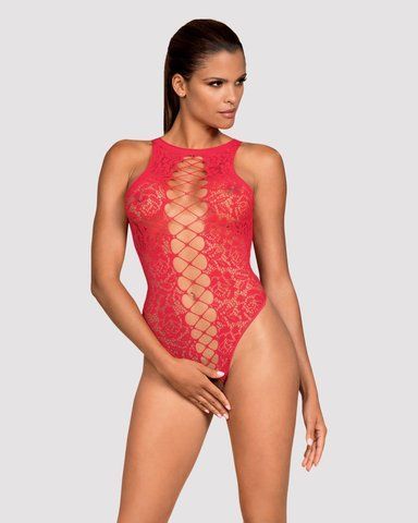 Ажурний бодістокінг із ефектом шнурівки Obsessive B120 teddy red S/M/L, червоний &mdash; фото товару